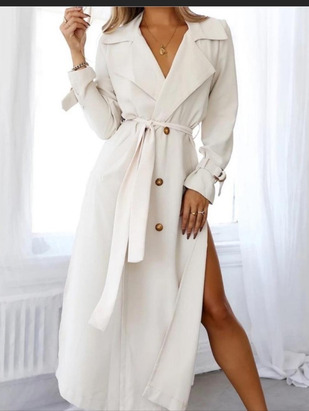 Hello Molly Elegant Cream Trench Midi Dress Trench Coat With Belt Size 4 T76